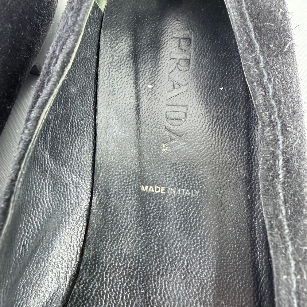 Prada Loafers Women Size 37 Black Suede Triangle Logo Flat Shoes Made in Italy - Picture 9 of 13